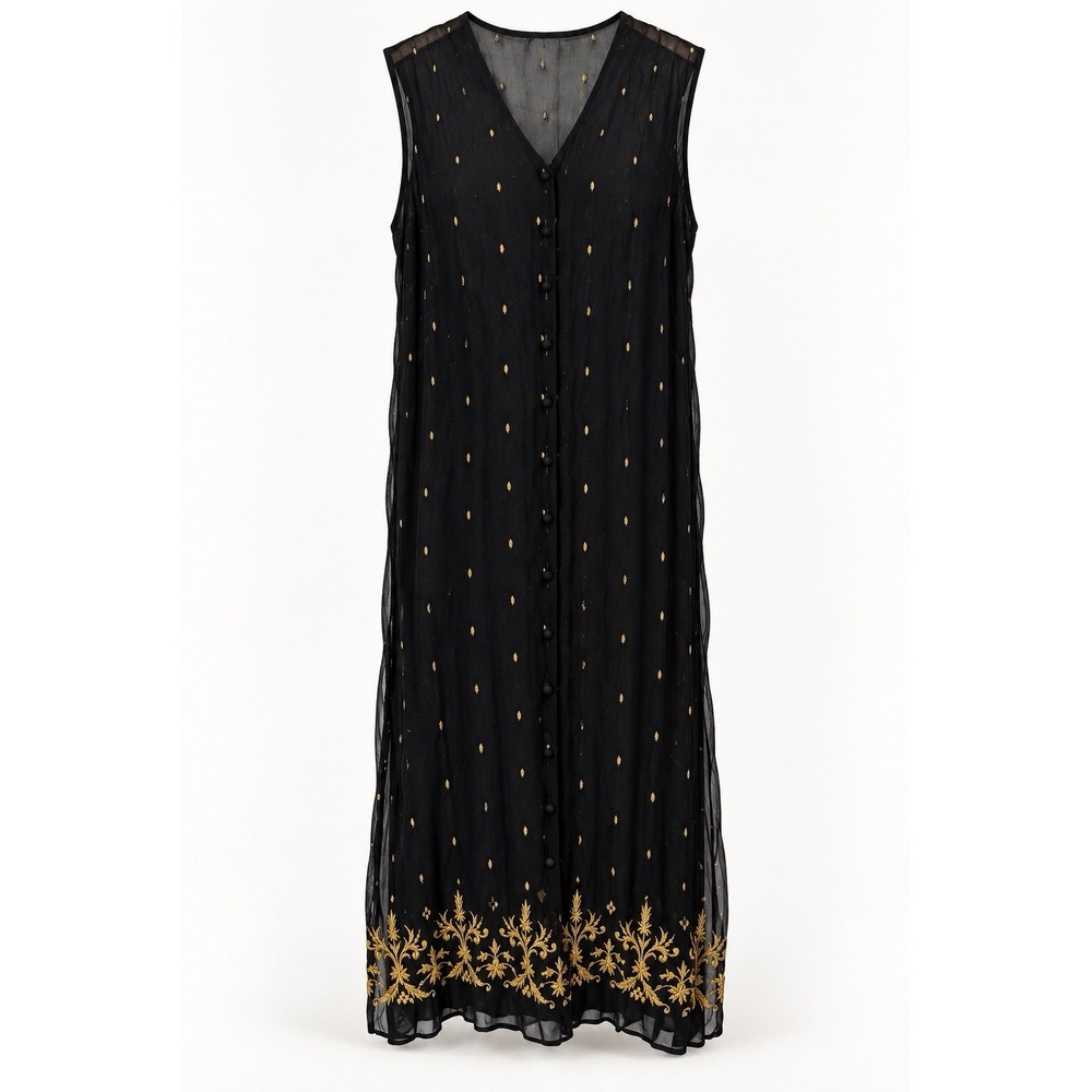 Vintage 90s Laundry by Shelli Segal Sheer Rayon Gold Embroidered Duster Dress L - Picture 3 of 11